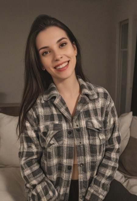 30yo woman wearing Plaid Polar Fleece Shacket with white textures 
long black dark hair slick back and smooth. Kissface. 
smile. Looking at camera. POV.
happy. 
Living room. Fully furnished.
Night time.
Portrait.