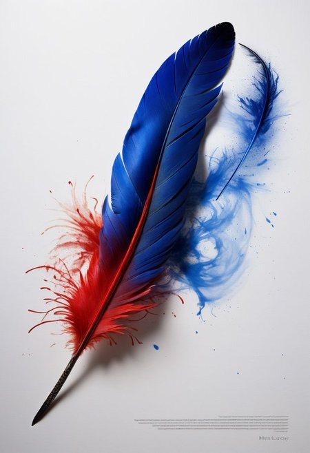 mysterious phoenix feather gliding through the air, single drop of deep blue ink dropping from the tip of the feather into a half full ink pot while an old piece of paper with beautiful writing and burning edges is hovering in the middle of it all, backlit glorious feather, fading blue red background, by Minjae Lee, Carne Griffiths, Emily Kell, Steve McCurry, Geoffroy Thoorens, Aaron Horkey, Jordan Grimmer, Greg Rutkowski, amazing depth, double exposure, surreal, geometric patterns, intricately detailed, bokeh,  perfect balanced, deep fine borders, artistic photorealism , smooth,  great masterwork by Suiras  <lora:add-detail-xl:2>  <lora:Double_Exposure:0.5>