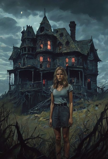 Movie Horror aesthetic, ((colors)), with a pissed off expression, a 19yo girl stand on hunted house in front of hunted hill, muscular, scream, stunning background. dark and moody, a mesmerizing blend of light and shadow. masterpiece, absurdres, intricate details