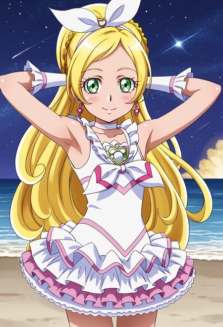 detailed background, shiny skin, rating safe,
<lora:curerhythm.pony:1>
curerhythm,
shiny skin, high quality, solo, looking at viewer, solo, {contrapposto}, spread armpit, arms behind head, blushing, looking at viewer, cowboy shot, closed mouth, night sky, beach, looking at viewer, best quality, smile,