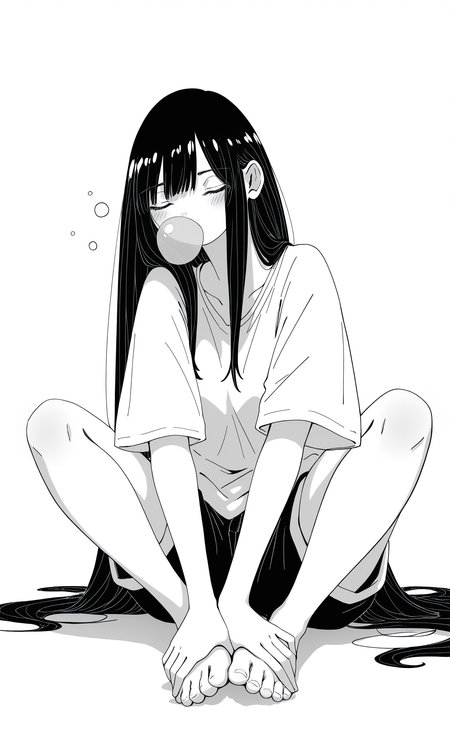masterpiece, best quality, good quality, very awa, very aesthetic, absurdres, newest,
1girl, solo, long hair, blush, simple background, shirt, white background, very long hair, sitting, full body, monochrome, short sleeves, greyscale, shorts, barefoot, feet, toes, traditional media, bubble blowing, chewing gum, nose bubble, hands on feet,facing viewer, 240_mado,
Flatline, Flat vector illustration <lora:NOOB_vp1_detailer_by_volnovik_v1:0.3> <lora:NOOB_vp1_detailer_by_volnovik_v1:0.3> <lora:ponyv6_noobV1_2_adamW-000017:0.7> <lora:checkpoint-e18_s306:1.2> <lora:240_mado_ill:1.2>