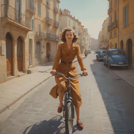 A French girl riding a bike along the streets of 1940s Marseilles. Warm hues.

<lora:PencilDrawEn01_CE_SDXL:0.6>
