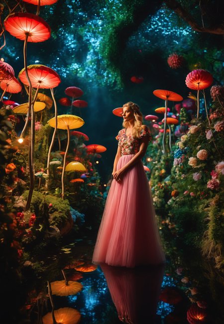 cinematic photo Arcane,  Albert Kotin, Alice in Wonderland,  wandering in Enchanted Garden, beautiful,  whimsical wonderland with oversized flowers, talking animals, hidden pathways, swirling lights:1.2, light particles:0.9,life-like, Incorporates vibrant colors, unusual plant arrangements, and fantastical creatures, texture, masterpiece, great art, high quality, best quality, highly detailed, 8k, wide shot, panorama, (Bottom view:1.1), Kodachrome,1970s,(8k, RAW photo, highest quality), eye focus, close up,sharp focus,(detailed eyes:0.8),  <lora:sdxl_photorealistic_slider_v1:1>, (masterpiece,best quality:1.5) . 35mm photograph, film, bokeh, professional, 4k, highly detailed