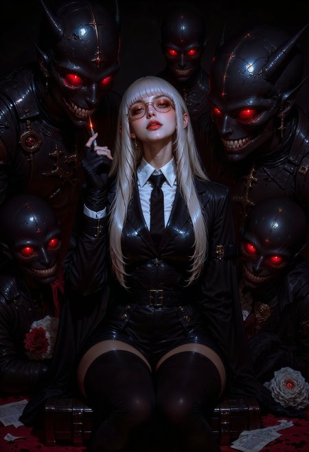 a digital painting in a dark, surreal style depicting a woman with long, flowing silver hair and pale skin, sitting in a dimly lit, gothic setting. She wears a dark, formal suit with a high collar and a tie, giving her a somewhat androgynous appearance. Her large, round glasses reflect the eerie, red eyes of shadowy figures that surround her, creating a haunting atmosphere. She holds a lit cigarette in her gloved hand, exuding a sense of calm amidst the chaos. The background is a mix of dark tones and abstract shapes, enhancing the ominous mood. The camera angle is straight-on, capturing her from the waist up, emphasizing her enigmatic expression.