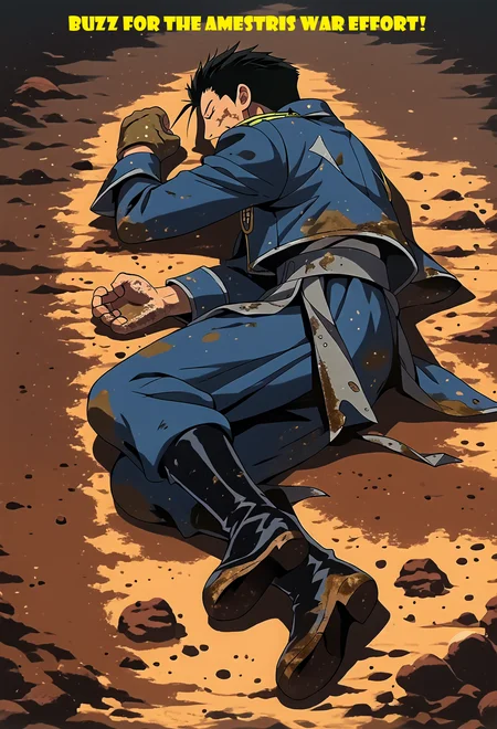 score_9, score_8_up, score_7_up, score_6_up, source_anime, BREAK,
yamchapose, lying, on side, closed eyes, Berhughes, source_anime, \(Fullmetal Alchemist\),
Berhughes_uniform, Amestrian State Military uniform, blue Alchemist jacket, overlap jacket, aiguillette, gorget patches, rank slides, blue Alchemist pants, blue Amestrian butt cape, grey Amestrian waistband, black boots, dirt on clothes, dirt on face, dirt on hands,
from above, full body view,
crater,
