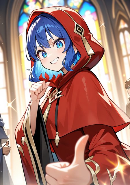 masterpiece, best quality, absurdres, perfect lighting,shiny skin,<lora:spo_sdxl_10ep_4k-data_lora_webui:0.7>,1girl,shukusei_lo, blue eyes, blue hair,short hair, <lora:Voiceless Voice:0.9>,hood,wide sleeves, red dress, long sleeves, cloak,church,looking at viewer,light shines,depth of field,solo focus, grin,thumbs up,upper body,
