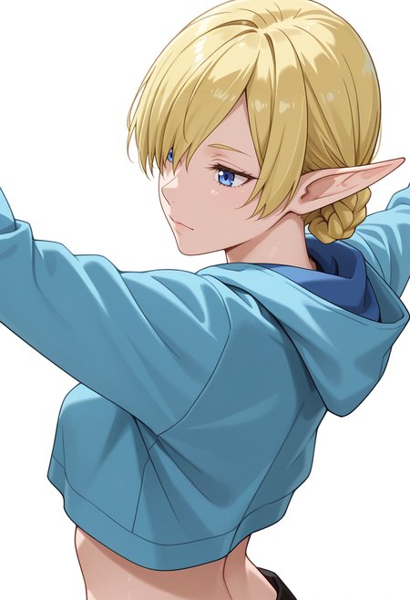 Smooth Quality,masterpiece,very intricate, high quality details, ultra realistic, high detailed skin,detailed enviorement,absurdres, 
simple background, white background, 
dynamic angle,dancing,
x3,solo, 
 <lora:Kagali_cnn:0.8> 1girl, short hair, blonde hair, blue eyes, pointy ears, braid, hair over one eye, elf,cropped hoodie,  ,blazer, ,spats, ,