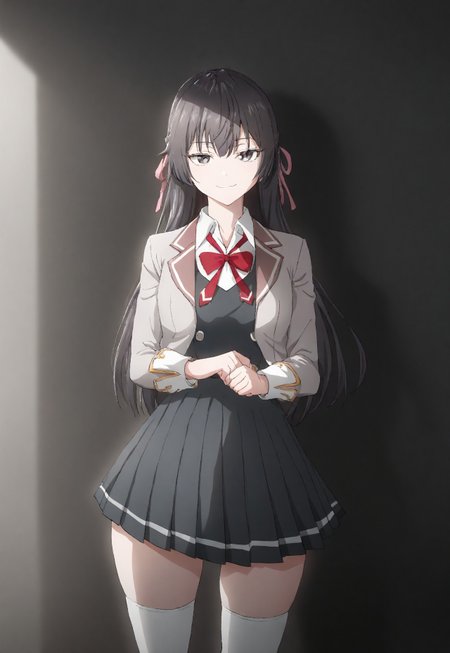 detailed, sinfully stylish, dramatic lighting, long shadows, soft light, contrapposto, anime, 1girl, solo, school uniform, dark grey pleated dress, grey jacket, white thighhighs, hair ribbon, staring at viewer, smiling, wide hips, standing, hip sway,