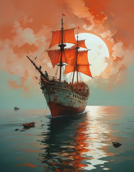 a ghost ship sailing in the night,  feminine, intricate, creepy, by Sachin Teng, Jeff Wall, by Shaun Tan, Rhodamine Red hue, highly dramatic lighting

<lora:xl_more_art-full_v1:0.5>  <lora:MJ52:0.5>