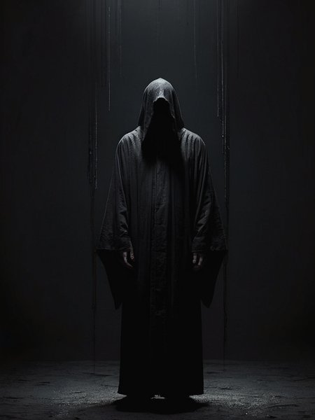 Man in black robe standing in darkness, album cover, by Balázs Diószegi, tumblr, horror gothic art, veil, moonless night, darkness, dark and muted colors, caretaker, faceless, dark background <lora:ral-meting:1> ral-melting