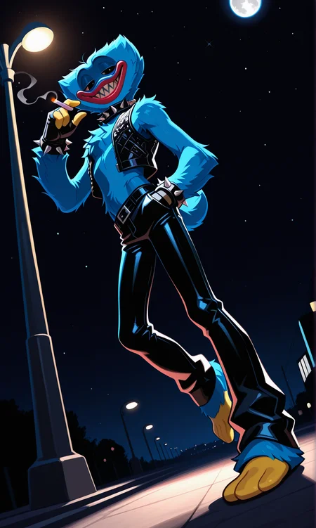 huggy_wuggy, no nose, masterpiece, amazing quality, ultra-detailed, no humans, male focus, furry male, 1boy, solo, blue fur, yellow hands, yellow feet, red lips, blue tail, black eyes, sharp teeth smile, parted lips, half-closed eyes, narrowed eyes, spiked collar, leather vest, open vest, midriff, leather pants, lowleg pants, fingerless gloves, spiked bracelet, punk, barefoot, full body, low-angle view, from below, looming, hand up, holding cigarette, smoke, hand in pocket, looking at viewer, looking down, body fur, fluffy body fur, extra fluffy, chest tuft, shoulder tuft, lanky, broad shoulders, pectorals, skinny, long arms, full body, hand feet, deer tail, dutch angle, shaded face, from side, side view, leaning, foot up, standing on one leg, eye shine, 
BREAK 
colorful, outdoors, night, lamppost, dark, backlighting, star (sky), full moon, 
score_9, score_8_up, score_7_up, score_6_up, 