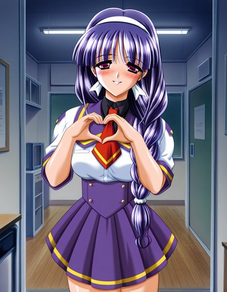 masterpiece, best quality, amazing quality, very aesthetic, absurdres, official art, ultra detailed,
1girl, solo, iida_kaname, purple hair, long hair, hairband, braid,  BREAK
school uniform, skirt, 
blush, seductive smile, parted lips, looking at viewer, 
standing, heart hands, 
in room, upper body, deep contrast of light and dark, sharp focus, depth of field, highly detailed <lora:iida kaname v1.0-000015:1>