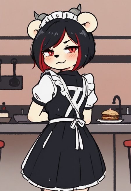 best quality, amazing quality,  1girl, looking at viewer, BREAK 
masterpiece, Zephira Satanova (furry, female, bear ears, short hair, tan fur, black hair, red highlights, red eyes, black nose, horns, grey horns), wet, blush, maid, sexy maid outfit, indoor, kitchen, plant in the pot,  diner, smug, visible butt,  meowskulls,