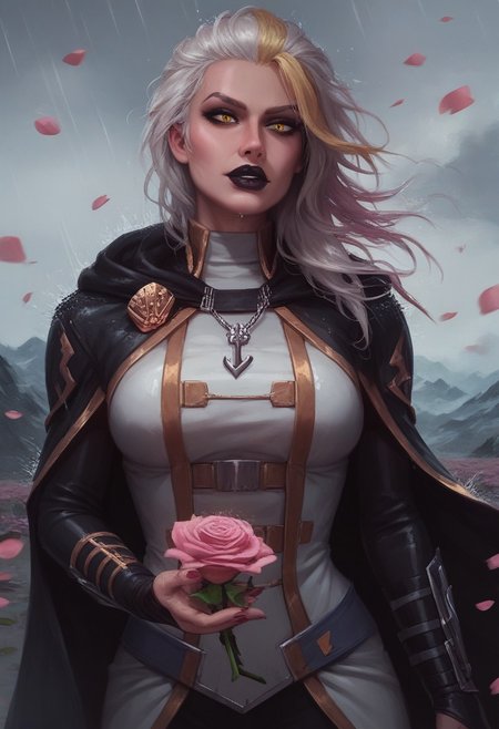 score_9, score_8_up, score_7_up, (realistic:1.2), mysterious girl, alluring goddess,, smooth, very detailed, etra detailed, intricate details, highly detailed,  masterpiece, best quality, amazing quality, (wet hair), 1girl, solo, cherry blossoms falling around her, misty mountains in the background, focused and serene expression, Jaina Proudmoore, 1girl, mature female, white hair, blonde hair, yellow eyes, anchor necklace, (half body shot), rain, wind, mountains at the background,  (burgundy lightning at the background), black lips, sith lord, star wars, sith, black hood, black cape, hood on head, turtleneck, (total black and dark red clothing),, (close up face), jainapost, (fully clothed), (she holding pink rose:1.3), (looking at self:1.4),,roses, pink roses, roses, rose petals, rose, (dramatic atmosphere), (detailed background)