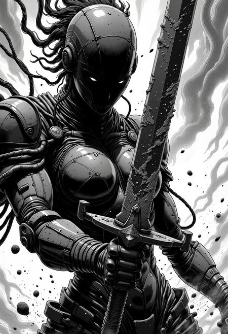 A dynamic manga sketch in black and white, showcasing a desolate female cyborg robot. Her joints are composed of intricate wires, metal, and synthetic materials, partially concealed by remnants of a battered armor plating. She holds a mysterious, powerful sword toward the viewer, which is dramatically disintegrating into dust and being carried away by the wind. High contrast emphasizes her silhouette against a moody, atmospheric background, with cinematic motion lines capturing the swirling dust and movement. The composition is striking, evoking a sense of drama and mystery, with a focus on the cyborg's determined gaze and the fleeting remnants of the sword. R3alisticF