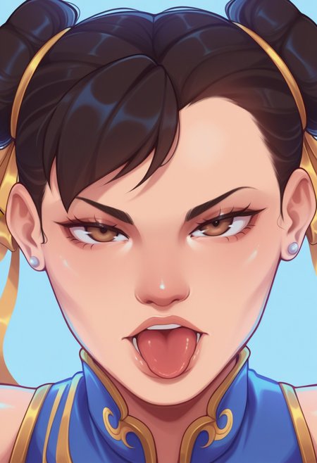tozierstyle, masterpiece,  best quality, solo,    chun_li\(street_fighter\), detailed eyes, hair buns, closeup,  looking at viewer, tongue,  blue background,