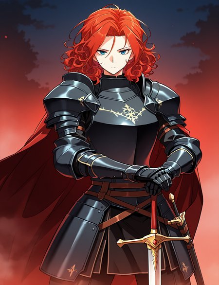 <lora:Alicia_Termina_Magentano__The_Greatest_Estate_Designer:1>
1 girl, solo, red hair, blue eyes, medium hair, curly hair
armor, red cape, black shoulder armor, black pauldrons, black gauntlets, black breastplate, sheath, sword
score_9, score_8_up, score_7_up, very aesthetic, source_anime, detailed, high quality, beautiful, masterpiece, detailed eyes, hands on hilt, looking at viewer, cowboy shot, legs apart, outdoors, night, red theme, fog, fores