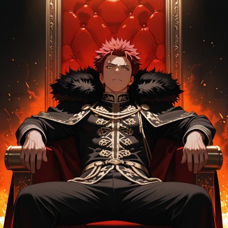 masterpiece, best quality, amazing quality, absurdres, newest, detailed background, definition so sharp, Ultra-HD, 8K cinematic, very awa, impressionate, amazing quality, highres, 
solo, male focus, manly, 
1boy, spiked hair, short hair, mikoto_red hair, mikoto_yellow eyes, mikotosuoh, royal attire, fur trim, dim lighting, shadows, regal, commanding presence, confident, unapproachable, burning embers, faint light, throne, leaning back, relaxed pose,