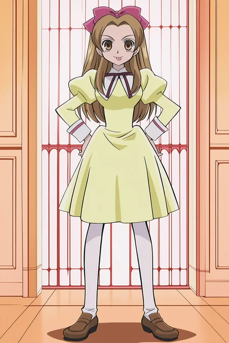 anime screencap, anime coloring, detailed face, perfect fingers, masterpiece, best quality, very aesthetic, absurdres, volumetric lighting, traditional media, Ouran High School Host Club anime art style, official anime artwork, retro artstyle, 2000s anime look,
 <lora:Haruhi_Fujioka_and_Renge_Houshakuji_Ouran_High_School_Host_Club:1>
Renge Houshakuji (character), 1girl, solo, brown hair, long hair, brown eyes, Renge default outfit, yellow dress, school uniform, hair bow, white pantyhose, shoes,
full body shot, both hands on hips, smile, mouth closed, cute girl, tongue out, teasing the viewer