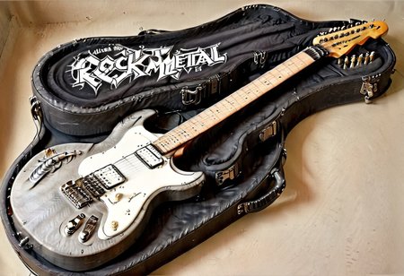 Ultra realistic with high quality and ultra detail with excellent focus and contrast, photorealistic image style, ultra realism, high definition of 1 object rock metal electric guitar, propped up big horn with amplifier, engraved with elements characteristic of rock metal style music, ((outlined with elements of metal style music))