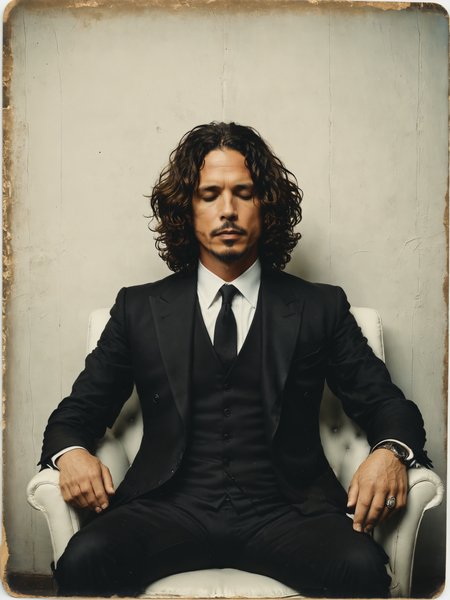 Faded Polaroid Photo of   picture of Chris Cornell wearing a black suit, sitting in a white chair, (eyes closed:1.3), , analog, old faded photo, old polaroid photo from the 1940s, grainy, taken in the early 1940s, grainy, taken on a 1950s Kodak Camera, realistic, hyperrealistic, very realistic, highly detailed, very detailed, extremely detailed, detailed, digital art, trending on artstation, colorized <lora:Misty_Vintage:0.5> <lora:xl_more_art-full_v1:0.5>