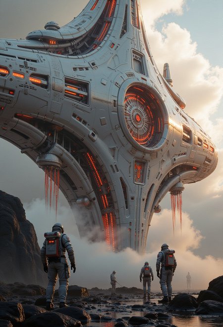 concept art, futuristic, a_skynet_cyberdyne_systems_craft, the image is featuring a fractal shaped Artemis Station spaceport megastructure of a Colossal scale in background, white ceramic and gleaming silver metallic surfaces glistening with condensation from the mist, red glowing diodes and lights, large depth of field, sunset, silhouetted, directional lighting, with scientists in spacesuits surrounding it