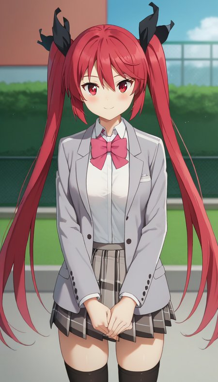 score_9,score_8_up,masterpiece,best quality,correct anatomy,anime_source,1girl,solo,perfect eyes,perfect arms,perfect legs,perfect face,outdoors,upper body,(portrait:1.5),looking at viewer,facing viewer,smile,blush,Kuuko,very long hair,red hair,twintails,hair ornament,hair ribbon,black ribbon,sidelocks,hair between eyes,bangs,red eyes,school uniform,grey jacket,Blazer,pink bowtie,white shirt,collared shirt,long sleeves,medium breasts,miniskirt,grey skirt,pleated skirt,plaid skirt,thighs,zettai ryouiki,black thighhighs,loafers,brown footwear,<lora:Kuuko(hns)-Pony:1.6>,