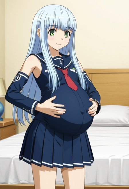 best quality, masterpiece, 4k, perfect lighting, very aesthetic, anime, anime coloring, official art, (anime screencap:1.5), (bedroom:1.5), happy, smile, (hands on belly:1.5)
(large pregnant belly:1.5), 
ng_deepnegative_v1_75t,
<lora:iona.pony:1.5>, iona, small chest, detached sleeves, armpit, (blue school uniform:1.1), blue clothes
 (volup girl:1.5),
(covered belly:1.5), (pregnancy clothes:1.5)