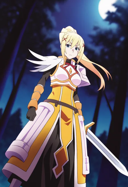 (watanabe akio:0.6), monogatari \(series\), promotional art, highres, absurdres, newest, masterpiece, best quality
BREAK
1girl, darkness \(konosuba\), blonde hair, braid, ponytail, long hair, blue eyes, hair between eyes, x hair ornament,
armor, armored dress, bodysuit, gloves, shoulder armor, boots,
full body, holding weapon, sword, outdoors, forest, night, moonlight  <lora:DarknessKonosubaIllustriousXL_byKonan:1>