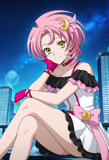 masterpiece,best quality,amazing quality,

solo, 

Luna Yumizuki (Cardfight Vanguard), short hair, pink hair, yellow eyes, 

frilled dress, black frill, dress, hair ornament, crescent hair ornament, choker, bare shoulders, fingerless gloves, pink bow on back,

looking at viewer, smile, cheeks leaning on arm, 

cinematic, crossing legs, 

Outdoors, night, On top skyscraper, sci-fi city, (galaxy sky:1.2),

Lens flare, bloom, detailed shadow,

Official style, anime screencap, anime coloring,












