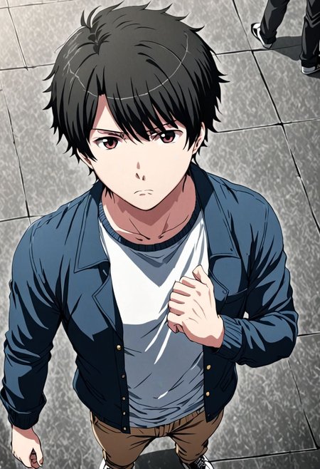 high resolution, solo, best quality, 1Boy, Inaho Kaizuka, Black Hair, casual, seen from above, gangster, dominant, intimidate, OverallDetail