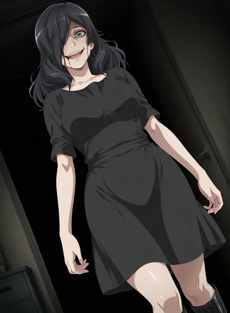 best quality, highres, masterpiece, <lora:Okusama_wa_moto_yari_man_style:1.1> owmym_style, oekaki, anime screencap, anime coloring <lora:EvelineILf:1> 3vilf, 1girl, long hair, black hair, green eyes, hair over one eye, dress, boots, dutch angle,  cowboy shot,  horror \(theme\), wide hips, narrow waist, crazy smile, upper teeth only, shiny skin