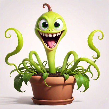 A comical cartoon-like carnivorous plant, with a big slobbering and drooling sinister smile and sharp fang-like teeth, 2 big round eyes on stalks protruding from the top of the plant, and long tentacle-like vines with claw-like hands at the ends, in a big flower pot,  in 1940's style.  No background.