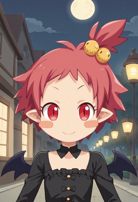 score_9, score_8_up, score_7_up, score_6_up, score_5_up, score_4_up , anime coloring ,BREAK source_anime, anime,screencap,
1girl, solo,dishanako, blush stickers,  demon girl, demon wings, yellow hair bobbles, <lora:PonyXL Disgaea Hanako V2:1>
black dress, flat chest, frilled dress, long sleeves,
outdoors, night time, half moon, streets, street lights, upper body, 
smile, looking at viewer,
