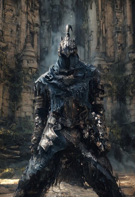 score_9, score_8_up, score_7_up,High quality, dark_art_style, volumetric lighting, soft lighting, midevial scene, HDR, source_real, ((Realistic skin, skin texture)), photo of a The image is a digital illustration of artorias, in armor, holding a sword in his right hand. He is faceless, standing in front of a large wolf, which is standing on its hind legs and appears to be looking directly at the viewer. The knight is wearing a full suit of armor with intricate details and patterns, including a helmet with a visor and a shield. The wolf's fur is a mix of grey and white, and its eyes are a piercing yellow. The background is dark and stormy, with a castle-like structure in the distance. The overall mood of the image is ominous and foreboding. ((detailed realism, 8k)), Large breasts, ample bosom, (photographed on a Panasonic Lumix GH6, FE 80mm lens, F1.4)