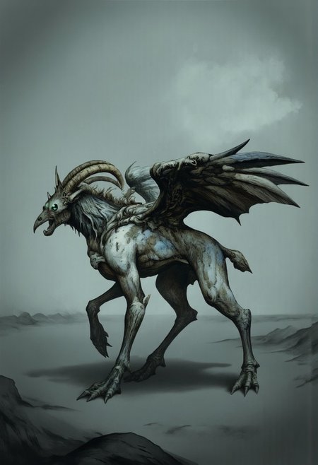 aidmaMJ6.1, Made out of paper, a PaperStyle , d4artstyle, d4concept, , d00mstyle, made of clay, ZBClay model of a gray sculpture AmanoER 
 a haunting, hybrid creature combining the elements of a crow and a goat in a twisted, metamorphosed form. The body has the lean, muscular build of a goat, covered in patches of coarse, dark feathers that blend seamlessly with rough, matted fur. The creature’s head is an eerie fusion of a crow’s beak and a goat’s skull, with hollow, sunken eye sockets that glow faintly, as though holding an unnatural intelligence. Sharp, twisted horns curve backward from the skull, merging with spiky, feathered tufts around its neck, creating a regal yet sinister crown. Large, crow-like wings sprout from its back, the feathers ragged and uneven, as if worn by years of dark flight. Its legs end in bony, talon-like hooves that claw at the ground, and a long, wiry tail trails behind, ending in more disheveled feathers. The creature emits a low, guttural call, an unnatural blend of a crow's caw and a goat's bleat, echoing in a desolate, misty landscape. Focus on the texture of the matted fur and feathers, the sharp details of the beak and horns, and the unsettling fusion of avian and mammalian elements.
Background solid color with a faded dimly lit, fog-covered darkness tone that emphasizes its silhouette. The medium is not a traditional painting or illustrative medium like watercolor or ink but rather a digital rendering, eerie and unsettling.