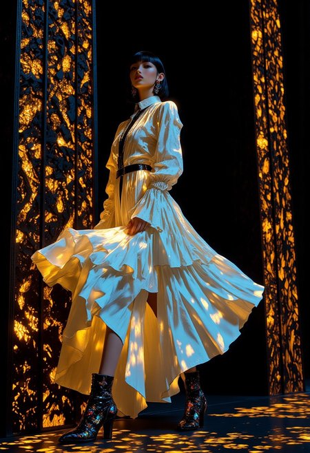 A hyper-realistic full-body portrait of an Asian woman with a sleek black bowl-cut hairstyle, her razor-sharp bangs perfectly concealing her eyes, casting a mysterious shadow across her porcelain-like skin. Her pale, glossy complexion gleams with an oily finish, giving her an ethereal, avant-garde presence. She dons a Ballets Ruffled Dress in crisp, immaculate white, crafted from a luxurious blend of cotton and polyester. The dress features full sleeves, a stand collar, a single-breasted closure, and cascading ruffles that add delicate charm to its casual yet surreal design. Her feet are adorned with black leather high-heel shoes embellished with surreal iridescent floral patterns, shimmering like jewels under soft, focused lighting. She strikes a dynamic, avant-garde pose, her body tilted slightly with one arm extended gracefully while the other rests near her waist, exuding elegance and controlled intensity. The background is a deep, pitch-black void illuminated by glowing, sparkling golden grills that form intricate geometric patterns, creating a dramatic, high-fashion atmosphere. Photographed in 8K with a Canon EOS R5, paired with a 70-200mm f/2.8L lens at ISO 100 for razor-sharp detail and creamy bokeh. Rendered in Octane Render, post-processed in Adobe Lightroom, and enhanced using Topaz Gigapixel AI to bring out stunning clarity and depth, inspired by Alexander McQueen's visionary designs.