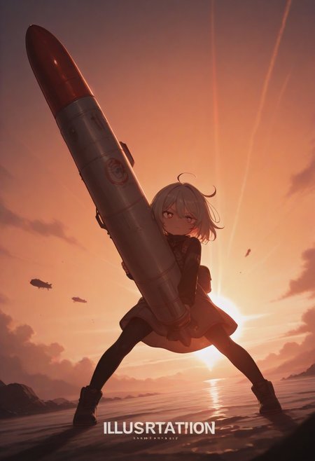 masterpiece, by piaki,  color art,graphic design,illustration cover, cover, high contrast,absurd res,intricate details,best quality, very detailed,best quality,amazing quality,very aesthetic,absurdres,newest,1girl,solo, cute,tribbie
, cross-shaped_pupils ,null_artstyle,missile ,holding missile, holding, foreshortening, sunrise stance, holding,low view,
