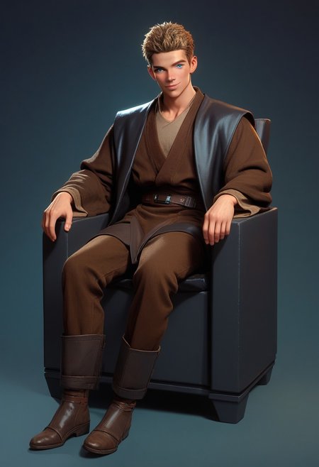score_9,score_8_up,score_7_up,score_6_up, 1boy, boy,(handsome, cute) solo, blue eyes, blond hair, sitting on chair, smug,, very short hair,(muscular body:0.7)), Sci-fi Environments, Sci-fi chair, jedi robe, 1boy, male focus, full body,  jedi robe, belt, brown clothes, robe, coat, Coruscant