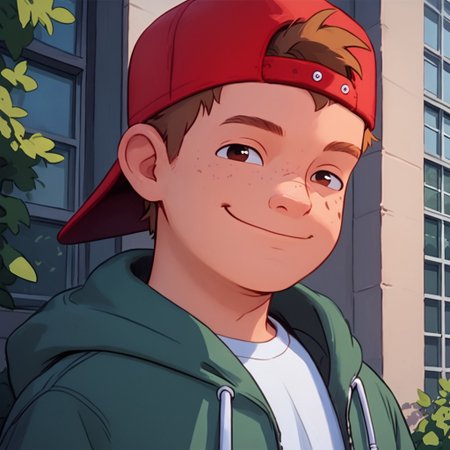 score_9, score_8_up, score_7_up, Expressiveh, young, looking at viewer, perfect face, colorful, dramatic angle,  school yard, bluejeans, school building in background, , smile, red hat, backwards hat, shirt, jacket, brown hair, freckles, 1boy, solo