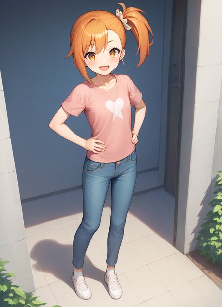source_anime, score_9, score_8_up, score_7_up, score_6_up, score_5_up, score_4_up,
1girl, solo, looking at viewer, blush, smile, open mouth, orange hair, bow, orange eyes, standing, full body, side ponytail, hands on hip, pink t-shirt, blue jeans, socks
<lora:misogiXL:1>