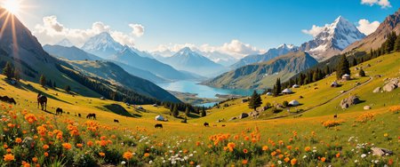 Panoramic view of Kyrgyzstan's majestic Tian Shan mountains at golden hour, snow-capped peaks rising dramatically against a clear azure sky. Alpine meadows carpeted with vibrant wildflowers stretch across rolling foothills, dotted with traditional yurts and grazing horses. Crystal-clear mountain lakes reflect the surrounding peaks like perfect mirrors. Ancient walnut forests line the lower slopes, home to rare snow leopards and golden eagles. Scattered clouds cast dramatic shadows across the rugged landscape. A winding dirt path leads to a distant mountain pass where nomadic herders in traditional clothing tend their flocks. The rich colors transition from lush green valleys to purple-hued distant mountains, capturing the untamed beauty of Central Asia's wilderness. Photorealistic, 8K ultra-detailed landscape photography, golden natural lighting, expansive depth of field, hyperrealistic textures. <lora:Illustration concept V1:0.6> <lora:dreadmirth-art-style:0.5> <lora:FluxMythR3alisticF:0.1> <lora:Dark_Gothic_Comic_style_v.2:0.5> <lora:ç»ªå¿ CGé£æ»¤éFLUX:0.4> <lora:flux_dev:1>