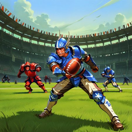 blood bowl style,11 boys,stadium,grass,one ball on the sky,playing,blocking,human,armor,
masterpiece, good quality,best quality, ultra-detailed, best illustration, high quality, absurdres, detailed background, very aesthetic, highly detailed, highres, high quality, best quality, Sian art style, official art, game cg,face focus,