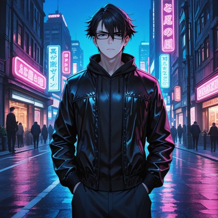 masterpiece, best quality, amazing quality, absurdres, newest, detailed background, definition so sharp, Ultra-HD, 8K cinematic, very awa, impressionate, amazing quality, highres, 
solo, male focus, manly, 
saruhikofushimi, saruhiko_black hair, saruhiko_black eyes, 1boy, short hair, glasses, stylish jacket, standing, hands in pockets, city street, night, neon lights, cool colors, confident, stylish, slightly intimidating, charming