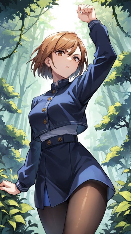 score_9,score_8_up,score_7_up,score_6_up, source_anime, zPDXL, <lora:xl_more_art-full_v1:0.5>, woman, dynamic pose,  <lora:Nobara - Pony-000004:0.8>, short hair, brown hair, brown eyes, blue jacket, overhanging jacket, long sleeves, blue skirt, pantyhose, serious, beckoning, forest, bushes, vines, light rays, ferns,
