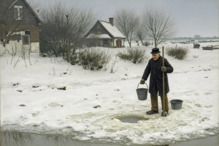 hansandersenbrendekilde1 painting. 
An elderly man standing in a partially frozen body of water carrying a bucket and a pole. He wears a heavy coat, hat, and gloves. The background has snow-covered ground, leafless trees, and a rustic house. <lora:hansandersenbrendekilde1_cap_d8a4e11:1.0><lora:855165131779250730:0>