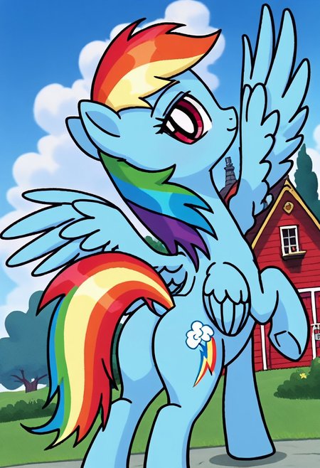 score_9, score_8_up, score_7_up, score_6_up, score_5_up, score_4_up, source_anime, anime screencap, anime coloring, retro artstyle, BREAK, tall  skinny slender slim equine Rainbow Dash, pegasus, female, mare, pony, solo, horse butt, perfect butt, bubble butt, 8U881E, toned body, toned forelegs, outdoors, back roads, dutch angle, looking at viewer, perspective, <lora:EarlyAkira_v4:0.4> <lora:Pony_MLP_v1.5:1>  <lora:8U881E:0.6> <lora:pony_001:1> <lora:1990s_hentai-V1:0.4>