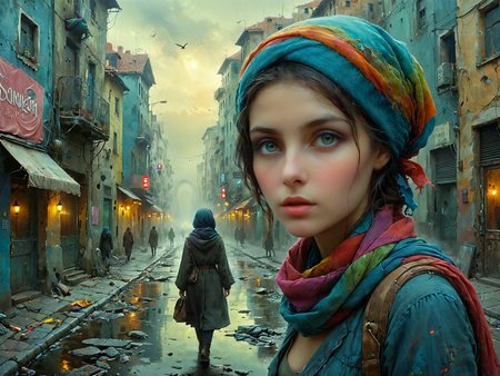 Professional photography. 

A beautiful young woman.

Wearing a colorful scarf around her head.

Walking through a modern city.

looking at viewer.

<lora:OMG-Is-DucHaiten_v1.0:1.0>
<lora:sdxl_lora_beksinski-000018:0.1> digital artwork by Beksinski 
<lora:The_Dark_Side_of_the_Earth:0.2>
<lora:DonMP4ste11F41ryT4l3XL-000008:0.4> DonMP4ste11F41ryT4l3XL 