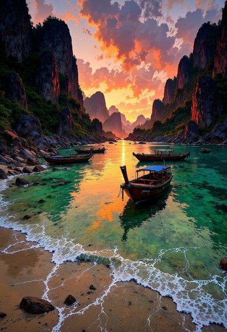Thai Phi Phi Islands – Limestone Cliffs & Fiery Sunset
"A tropical beach in the Phi Phi Islands, where towering limestone cliffs are bathed in the golden hues of the setting sun. The emerald sea reflects fiery oranges and soft purples, creating a stunning contrast against the lush greenery. Traditional long-tail boats rest on the shore, their bright colors enhanced by the warm evening light."