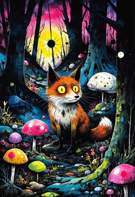 cr3z1h0rr0r ppstorybook,  eerie, horror, highly detailed scenic photograph. highly detailed, 8K, award winning illustration haunting ,landscape, Eerie Landscape, ppstorybook masterpiece object photography of fox in a magical twilight forest filled with glowing mushrooms and soft, surreal lighting. The fox, quite cartoon yet realistic, maintaining vibrant colors and smooth shading. the fox has big expressive eyes that shine with an auralora aura with a bright, intricate, freezing glow. The forest includes tall trees, glowing purple and green mushrooms scattered across the forest floor, and an ethereal twilight sky in shades of deep blue, teal, and violet. The art style is vibrant, clean, and polished, consistent with a whimsical storybook illustration, with detailed lighting, playful energy, and magical, trippy ambiance